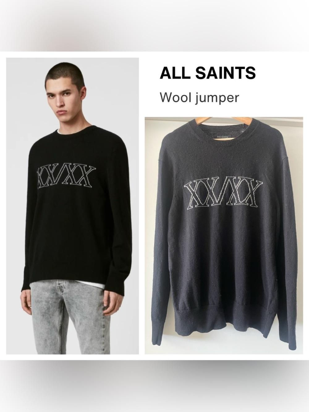 ALLSAINTS Men’s Decem Crewneck Wool Jumper with White XX/XX Embroidery